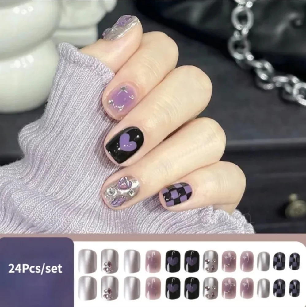 2/$16 3D Rhinestone Hearts Checkerboard Press On Nails